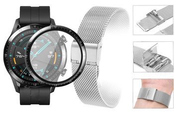 Opaska pasek bransoleta Milanese band z zapięciem Huawei Watch GT 2 46MM srebrna +szkło 3D