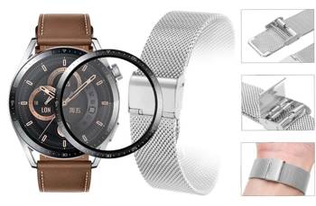Opaska pasek bransoleta Milanese band z zapięciem Huawei Watch GT 3 46mm srebrna + szkło 5D