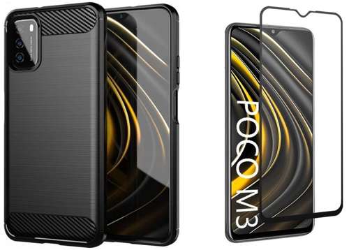 Etui Pancerne KARBON Xiaomi Poco M3 czarny + szkło 5D